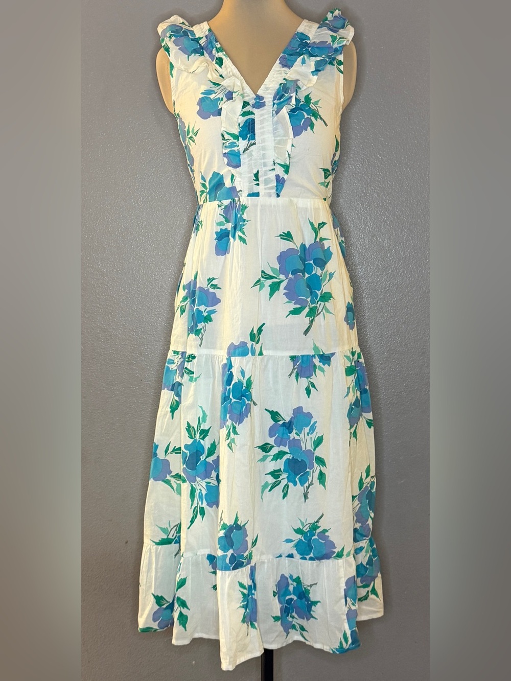 J Crew Sleeveless White Floral Midi Zipper Dress Blue Flowers Pockets NWT Sz 14
